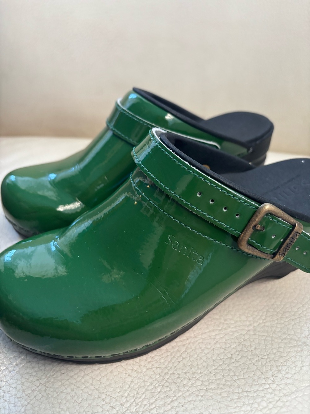 Sanita Green Patent Leather Clogs with Buckle Strap